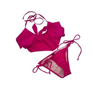 The Fille Hot Pink Ruffle Halter Bikini Set Two Piece Swimsuit S/M
